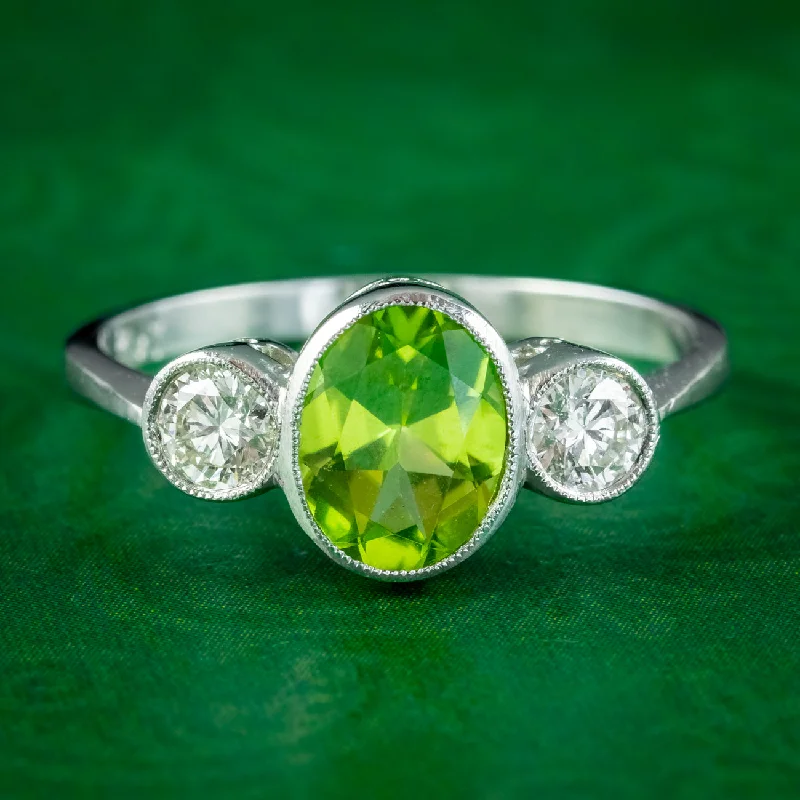 Small gem rings-Edwardian Style Peridot Diamond Trilogy Ring 1.6ct Peridot