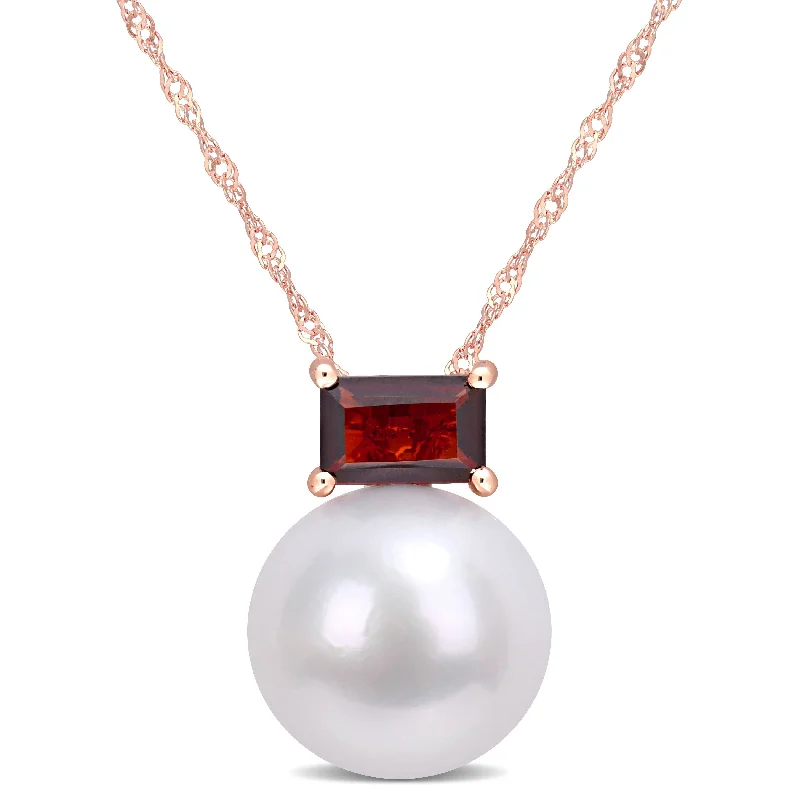 Onyx healing necklaces-Miadora 10k Rose Gold Freshwater Cultured Pearl & Garnet Solitaire Drop Necklace (11-12mm)