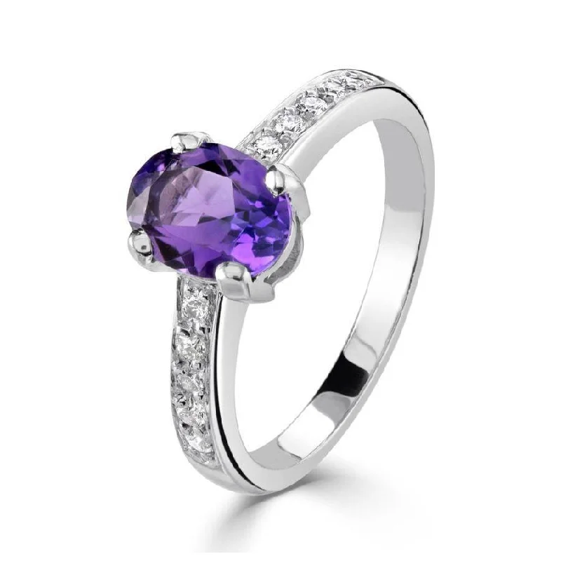 Cultured pearl engagement rings-18ct White Gold Oval Cut Amethyst Ring with Diamond Set Shoulders