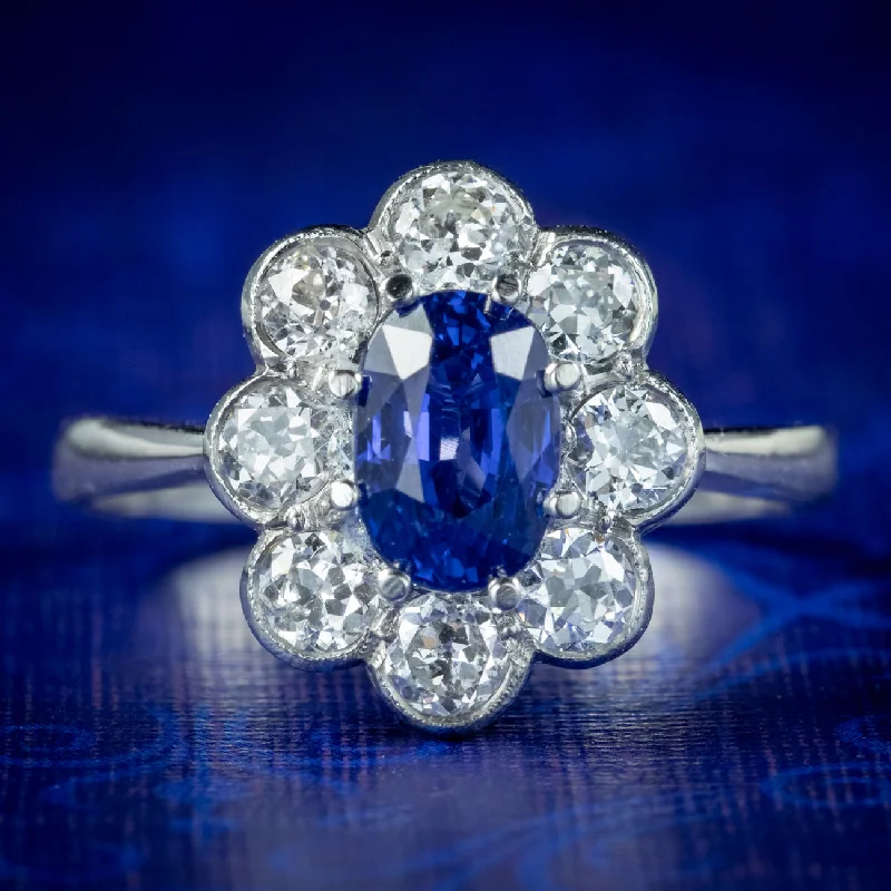 Curved art rings-Edwardian Style Sapphire Diamond Cluster Ring 1.65ct Sapphire