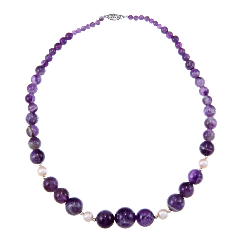 Raven feather necklaces-Sterling Silver White Freshwater Pearls Purple Amethyst Graduated Necklace (8-9 mm)