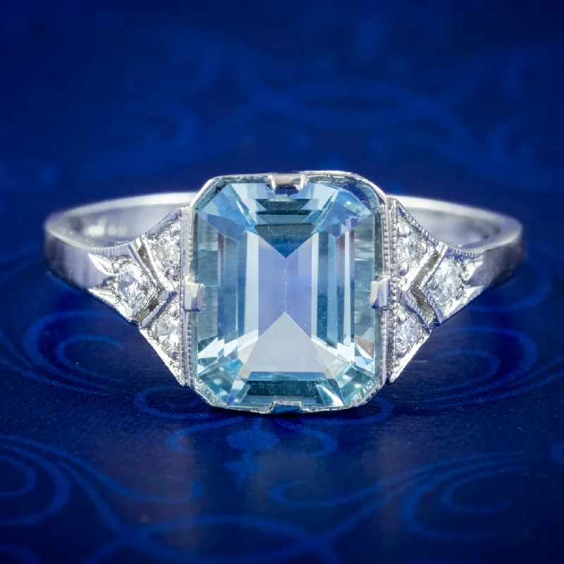 Antique promise rings-Art Deco Style Aquamarine Diamond Ring 2.8ct Aqua