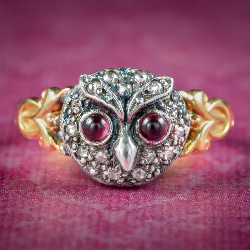 Rough texture rings-Georgian Style Diamond Owl Ring Garnet Eyes