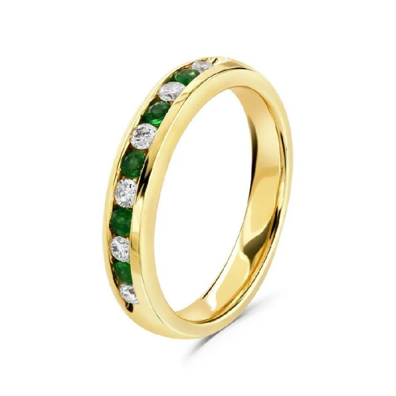 Tight clasp engagement rings-18ct Yellow Gold Emerald & Diamond Channel Set Half Eternity Ring