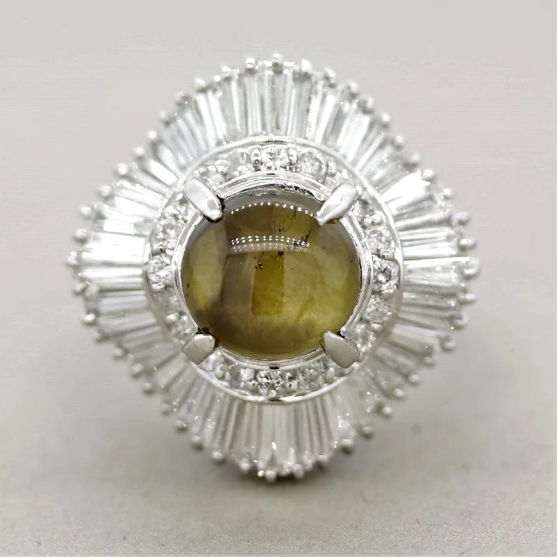 Flat knot rings-Cats Eye Chrysoberyl Diamond Platinum Ballerina Cocktail Ring