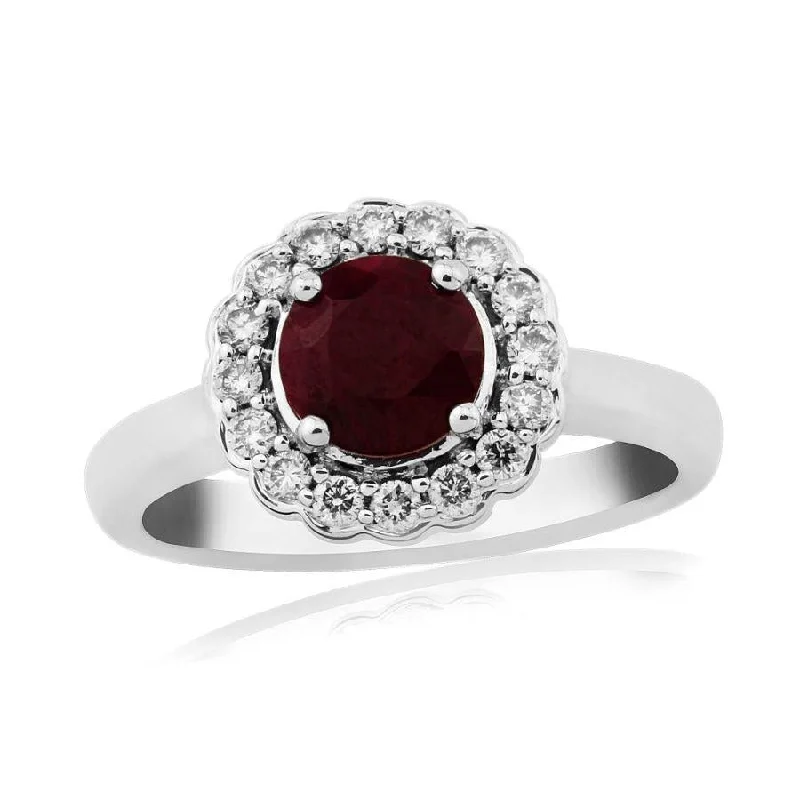 Warm wood engagement rings-9ct White Gold Round Cut Ruby & Diamond Cluster Ring