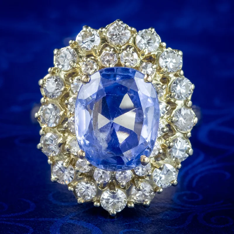 Subtle filigree rings-Vintage Ceylon Sapphire Diamond Cluster Ring 4.29ct Sapphire With Cert