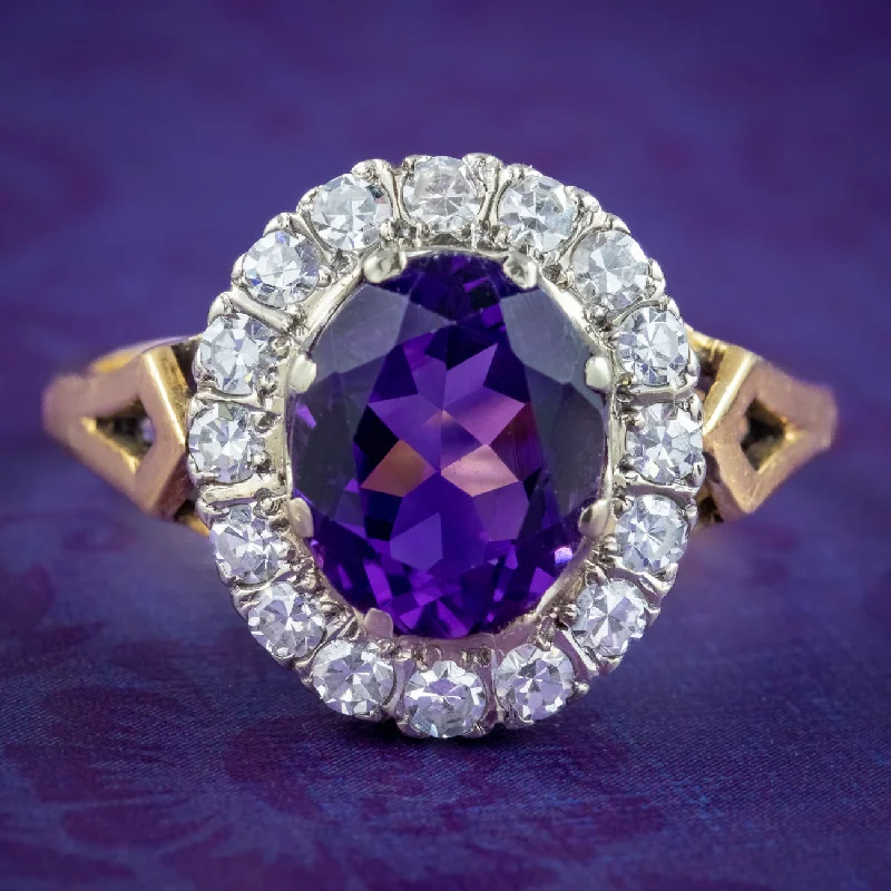 Antique vow rings-Vintage Amethyst Diamond Cluster Ring 2.5ct Amethyst