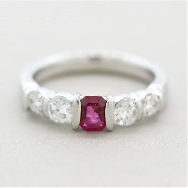 Sculpted cocktail rings-Ruby Diamond Platinum Band Ring