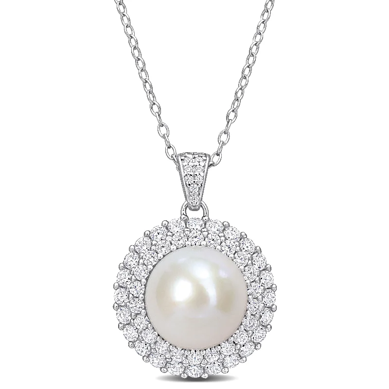 Square shape necklaces-Miadora 11-12mm Cultured Freshwater Pearl 2 3/8ct TGW Cubic Zirconia Halo Necklace Sterling Silver