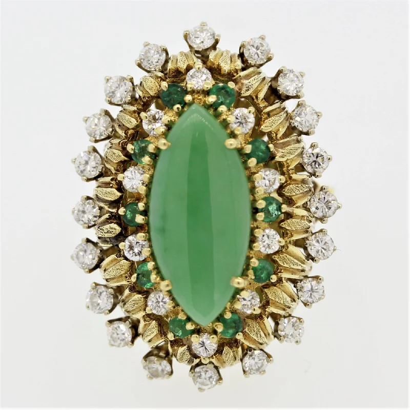 Old cameo rings-Jade Diamond Emerald Gold Cocktail Navette Ring