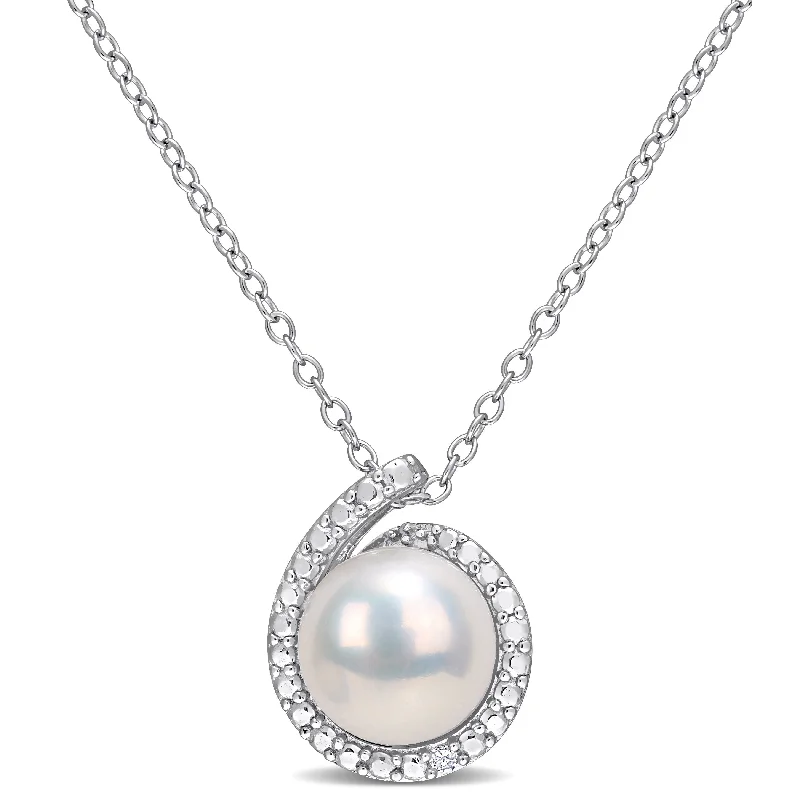 Warm wood necklaces-Miadora Sterling Silver Cultured Freshwater Pearl & Diamond Accent Beaded Halo Necklace (8-8.5mm)