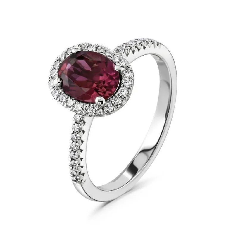 Dainty stack engagement rings-18ct White Gold Oval Cut Pink Tourmaline & Diamond Halo Cluster Ring with Diamond Shoulders