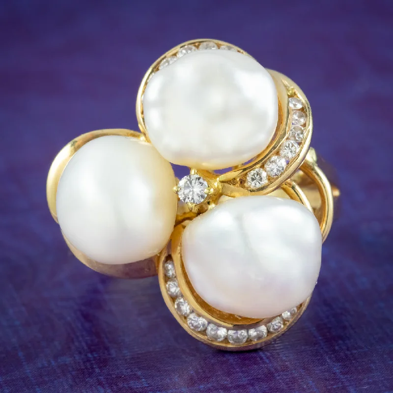 Vintage vow rings-Vintage Natural Baroque Pearl Diamond Cluster Ring