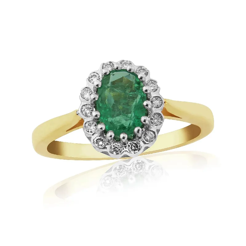 Radiant gem engagement rings-9ct Yellow Gold Oval Cut Emerald & Diamond Cluster Ring