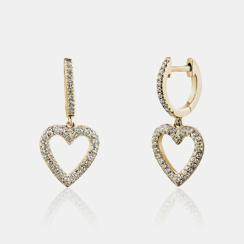 Matte texture earrings-Dangling Diamond Open Heart Huggies