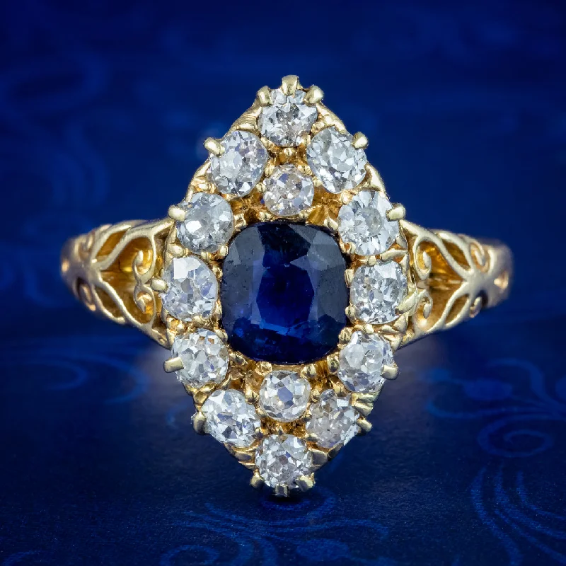 Surf theme rings-Antique Victorian Sapphire Diamond Navette Cluster Ring 1ct Sapphire