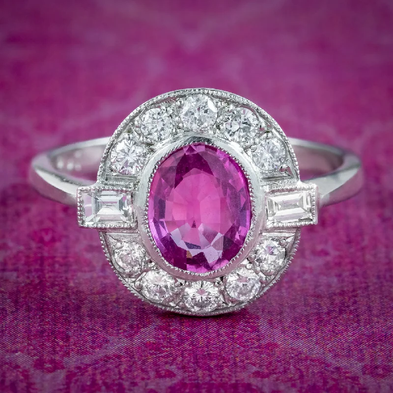 Pure form rings-Art Deco Style Pink Sapphire Diamond Cluster Ring 1ct Sapphire