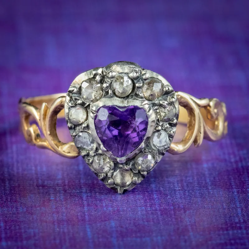 Beaded charm rings-Georgian Style Amethyst Diamond Heart Ring