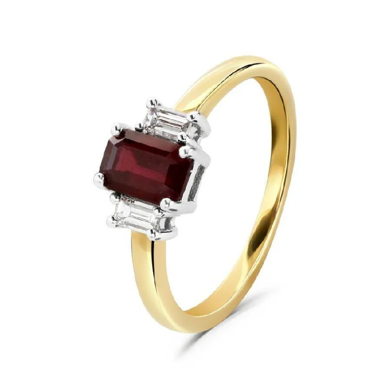 Twilight gothic engagement rings-18ct Yellow Gold Octagonal Cut Ruby & Baguette Cut Diamond Trilogy Ring