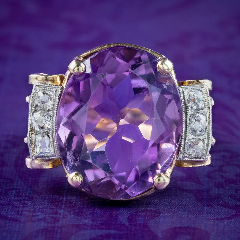 Woven cord rings-Vintage Amethyst Diamond Cocktail Ring 16ct Amethyst