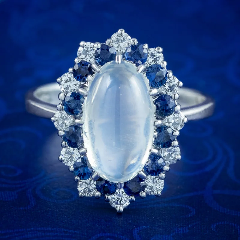 High gloss rings-Vintage Moonstone Sapphire Diamond Cluster Ring 3.75ct Moonstone