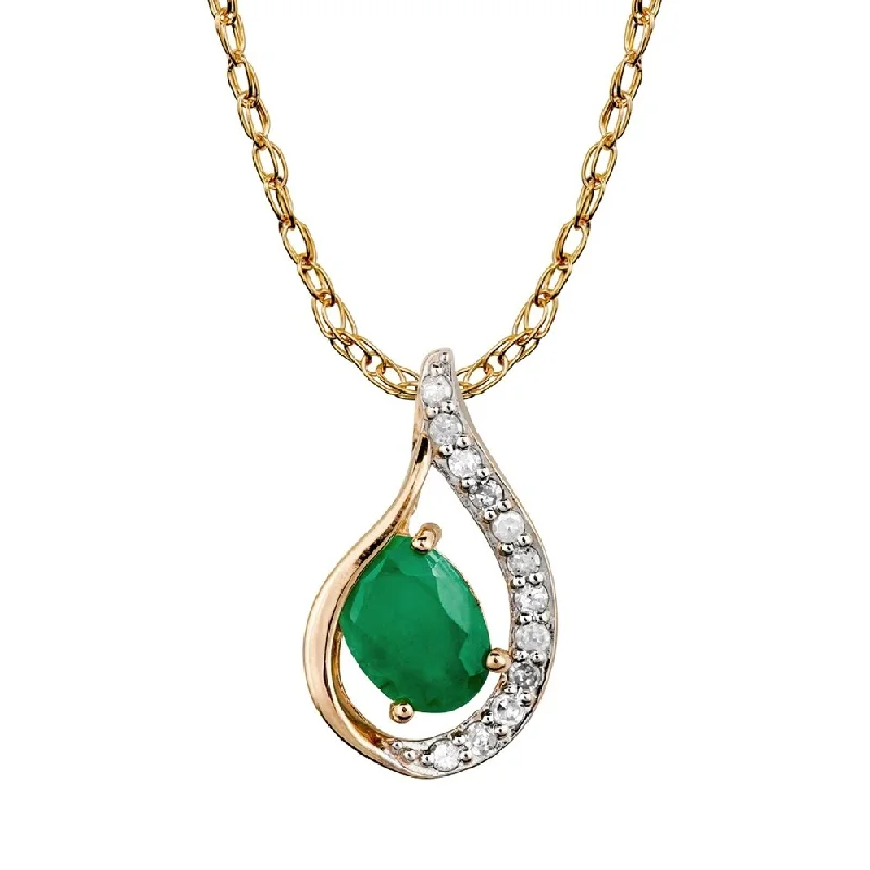 Silk fringe necklaces-Viducci 10k Yellow Gold Genuine Oval Emerald and Diamond Halo Drop Pendant Necklace