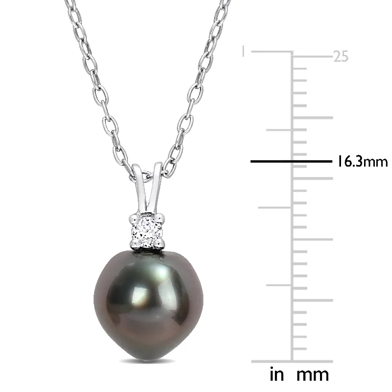 Dove feather necklaces-Miadora 8-9mm Black Tahitian Cultured Pearl 1/10 CT TGW White Topaz Necklace Sterling Silver