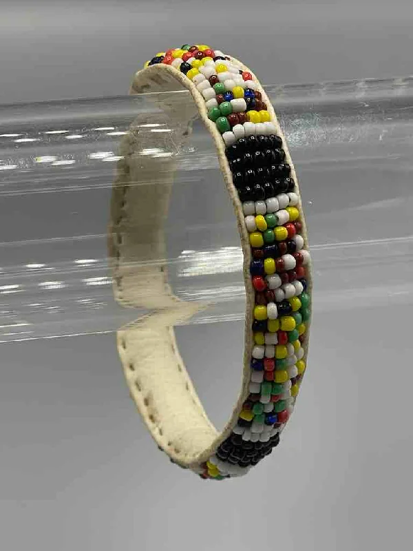 Dual-metal bangles-Multicolor Black Band Design Narrow Beaded Leather Bracelet - Mali