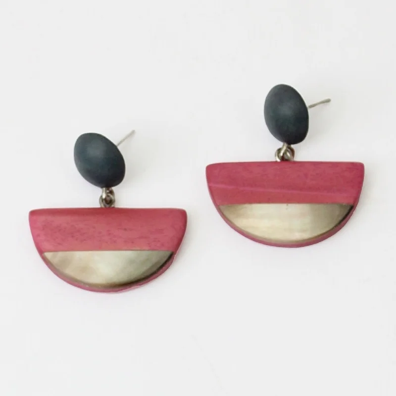 Bold cuff earrings-Pink Wood and Shell Half Moon Earrings