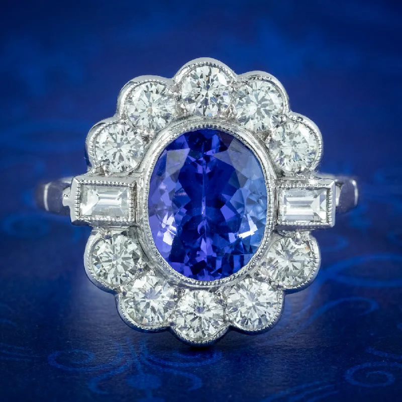 Round gem rings-Art Deco Style Tanzanite Diamond Cluster Ring 2.1ct Tanzanite