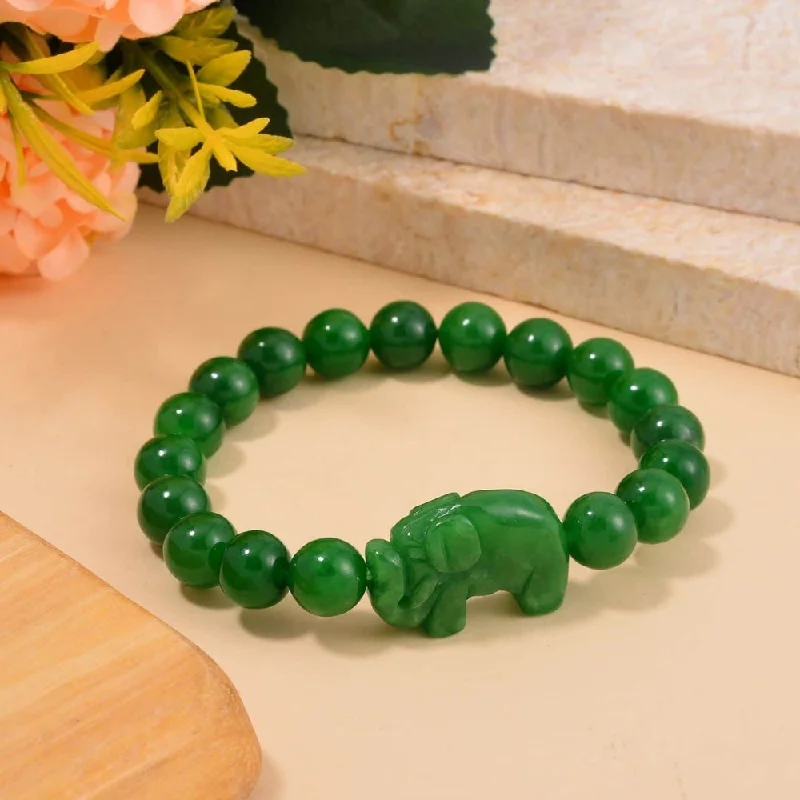 Polished silver bangles-Green Jade Carved Bead Bracelet