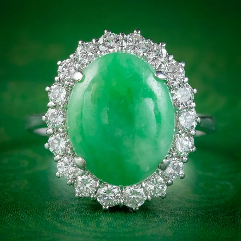 Elastic gem rings-Vintage Jade Diamond Cluster Ring 18ct White Gold 8ct Jade 1.50ct Of Diamond