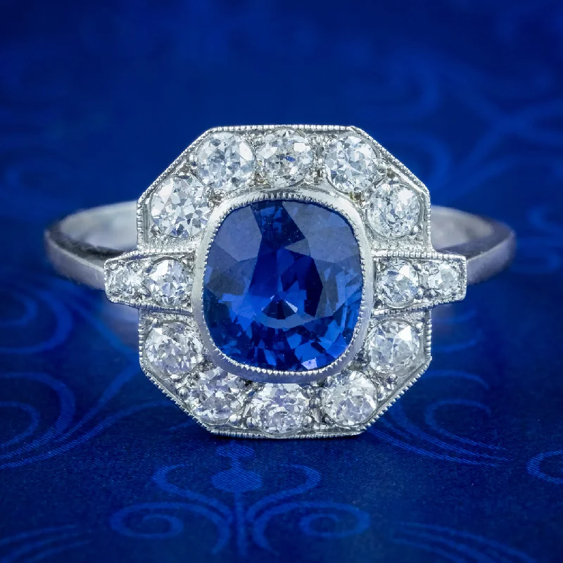 Mixed metal rings-Art Deco Style Blue Sapphire Diamond Cluster Ring Platinum 1.40Ct Sapphire