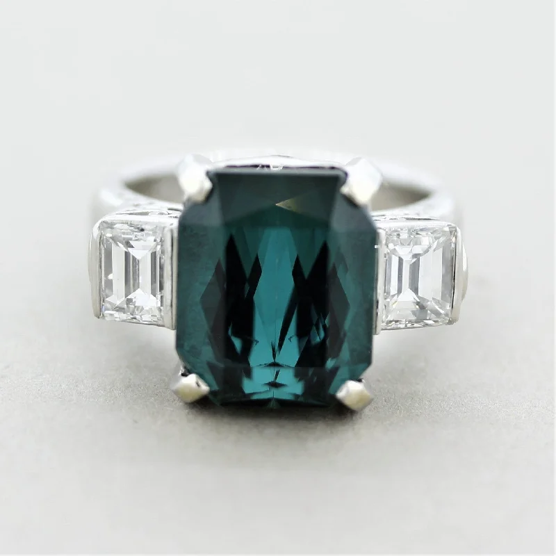 Chunky gem rings-Fine Indicolite Tourmaline Diamond Platinum 3-Stone Ring