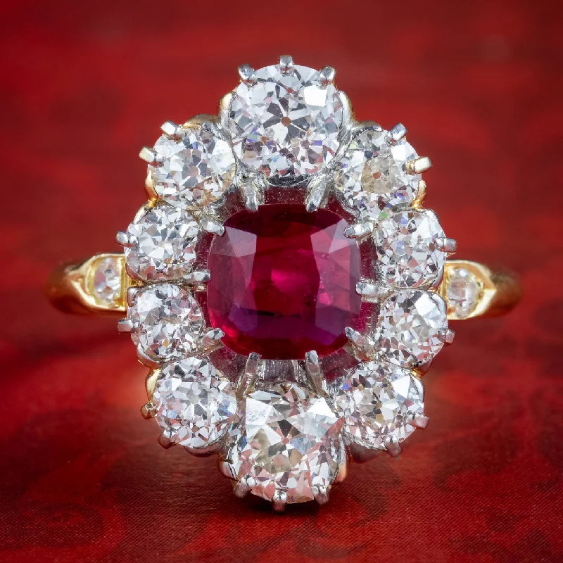 Morganite rings-Antique Victorian Ruby Diamond Cluster Ring 1.15ct Ruby With Cert