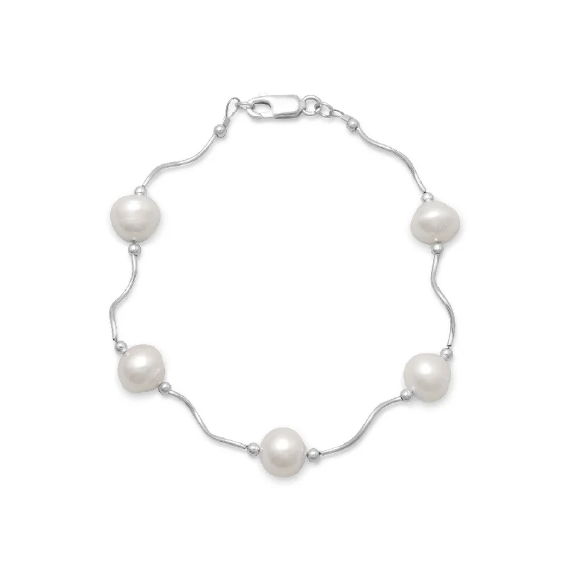 Woven cord bangles-8" Wave Design Bracelet with Cultured Freshwater Pearls