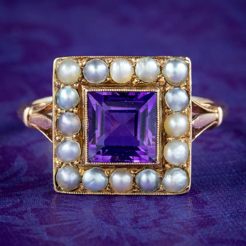 Vivid diamond rings-Antique Victorian Amethyst Pearl Cluster Ring 1.8ct Amethyst