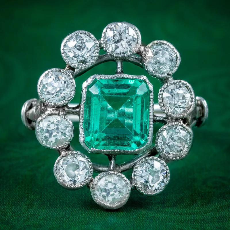 Bow knot rings-Antique Art Deco Emerald Diamond Cluster Ring 1.7ct Emerald