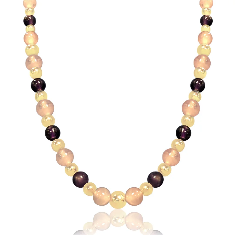 Glossy pearl necklaces-14K Yellow gold beaded necklace with amethyst and rose quartz