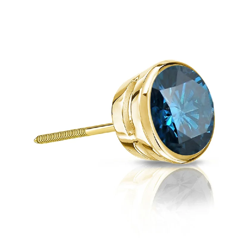 Simple gem earrings-Auriya 14k Gold 1/3ct TDW Bezel-Set Round SINGLE (1) Blue Diamond Stud Earring