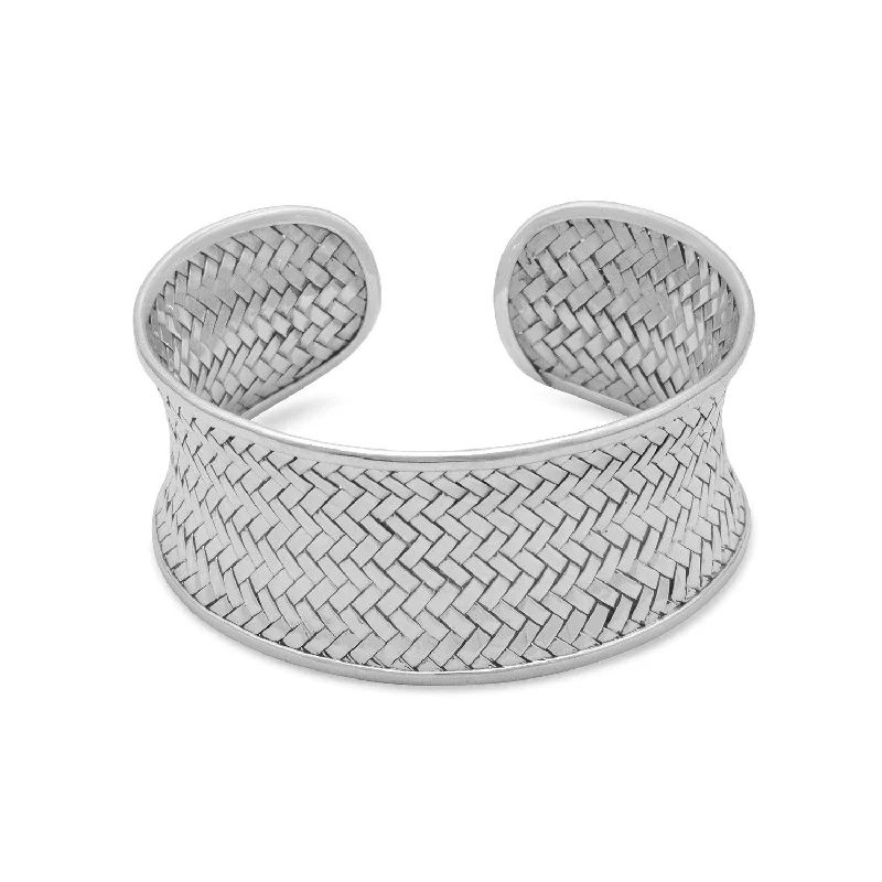 Dainty silver bangles-Concave Woven Cuff Bracelet