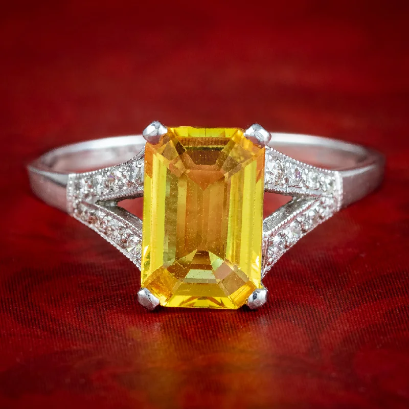 Vivid diamond rings-Art Deco Style Yellow Sapphire Diamond Ring 1.8ct Sapphire