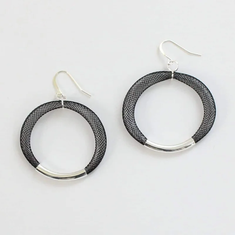 Subtle dangle earrings-Black Mesh Hoop Earring Silver