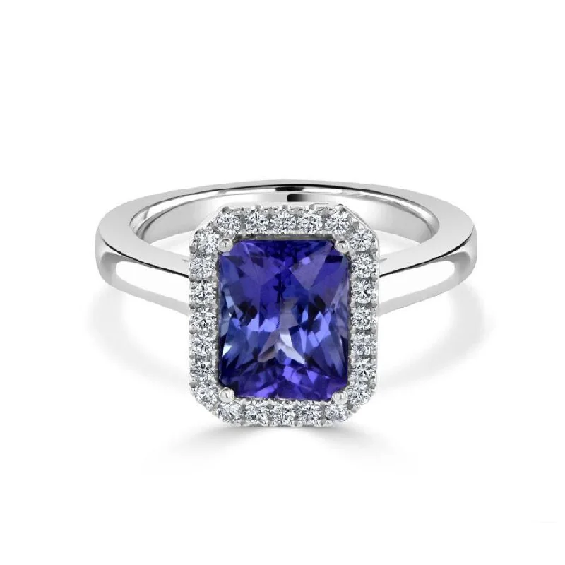 Rough band engagement rings-18ct White Gold Octagonal Cut Tanzanite & Diamond Halo Cluster Ring