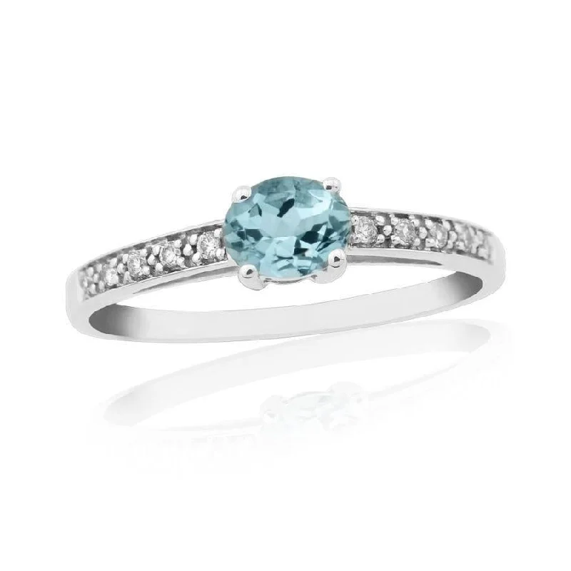 Organic gem engagement rings-9ct White Gold Oval Cut Aquamarine Ring with Diamond Set Shoulders