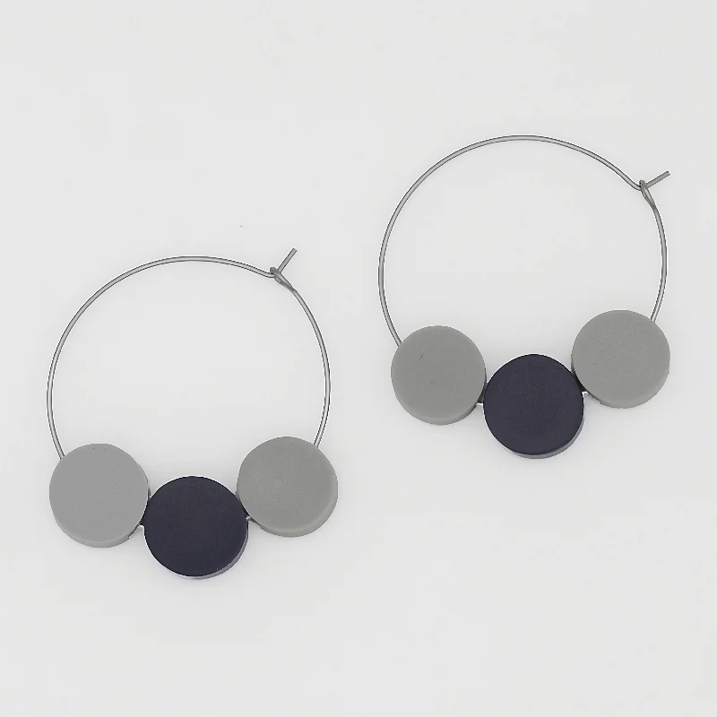 Silk thread earrings-Gray and Blue Dot Hoop Dangle Earring