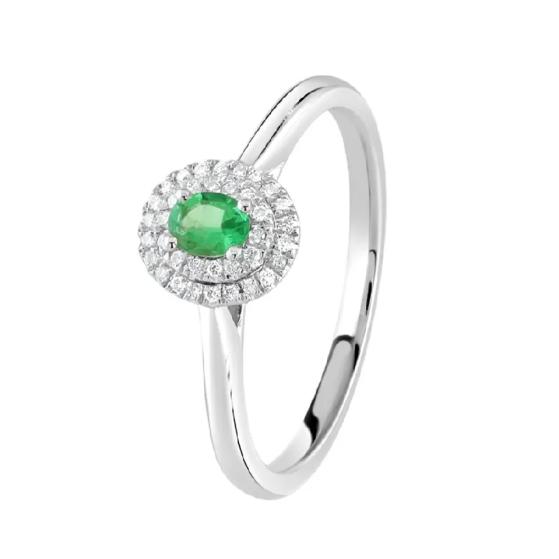 Raven feather engagement rings-Platinum Oval Cut Emerald & Diamond Double Halo Cluster Ring