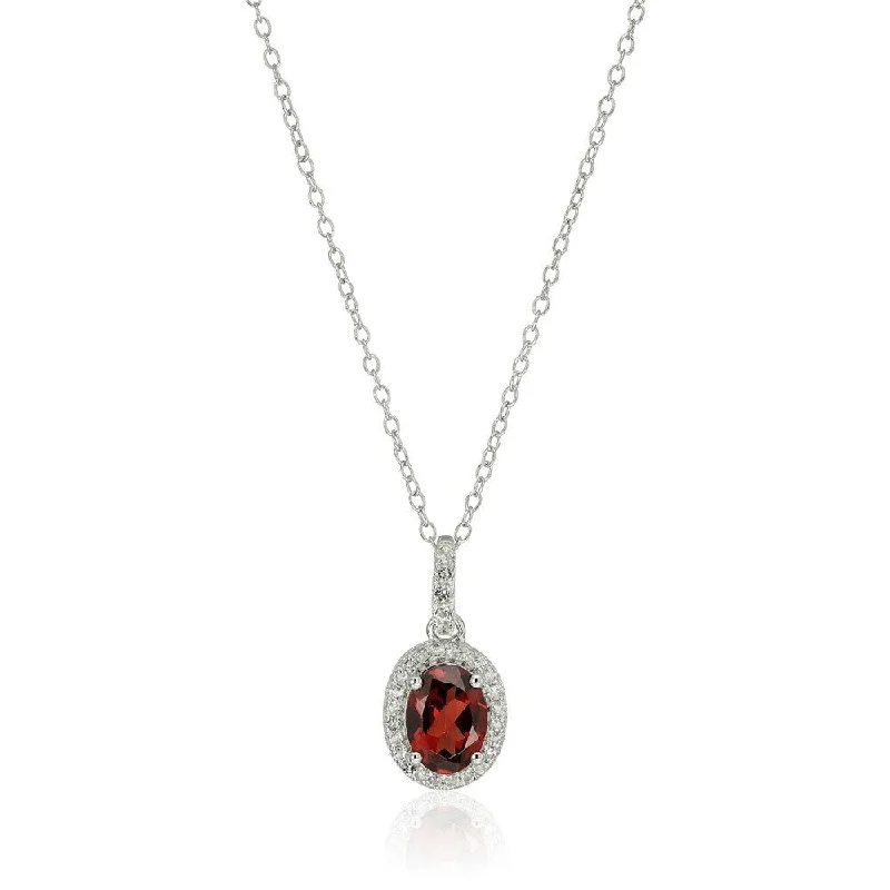 Leaf charm necklaces-Sterling Silver Oval Garnet and White Topaz Pendant Necklace, 18"