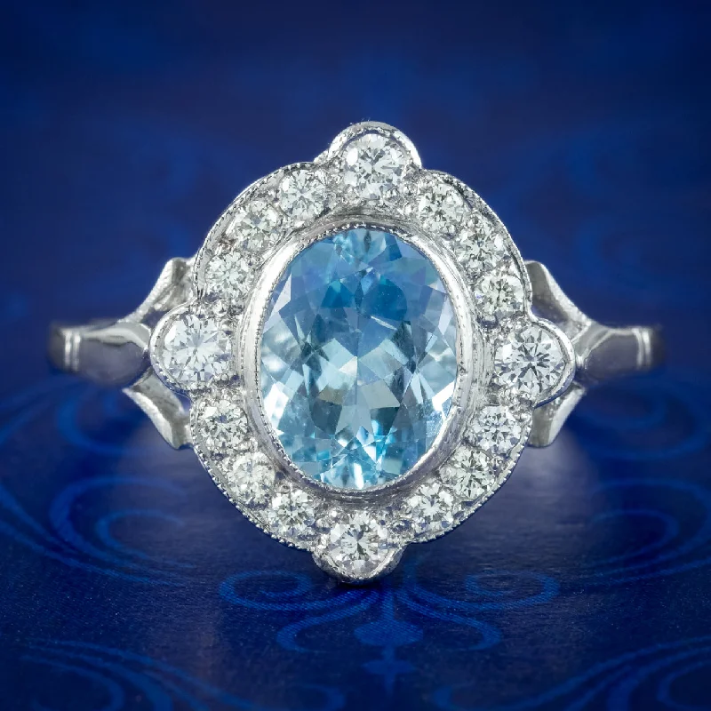 Rustic lock rings-Art Deco Style Aquamarine Diamond Ring 1.6ct Aqua